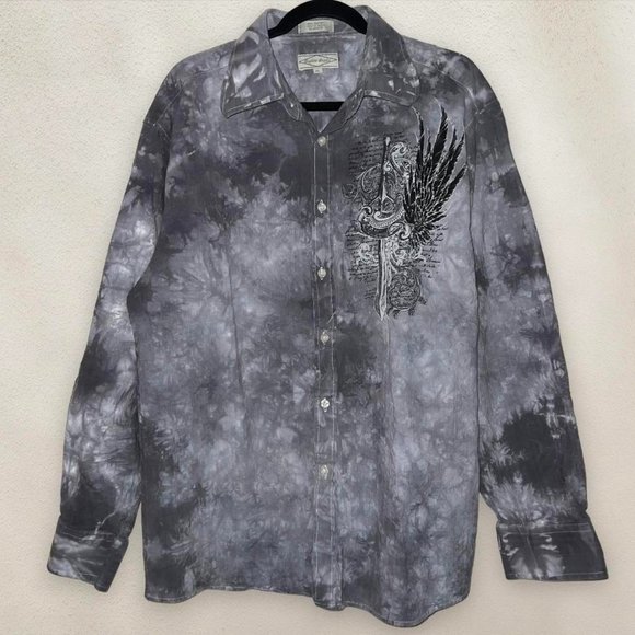 Y2K Grunge Button Up Shirt Eighty Eight Cross Graphic Wings Gray Size XL - Picture 1 of 8